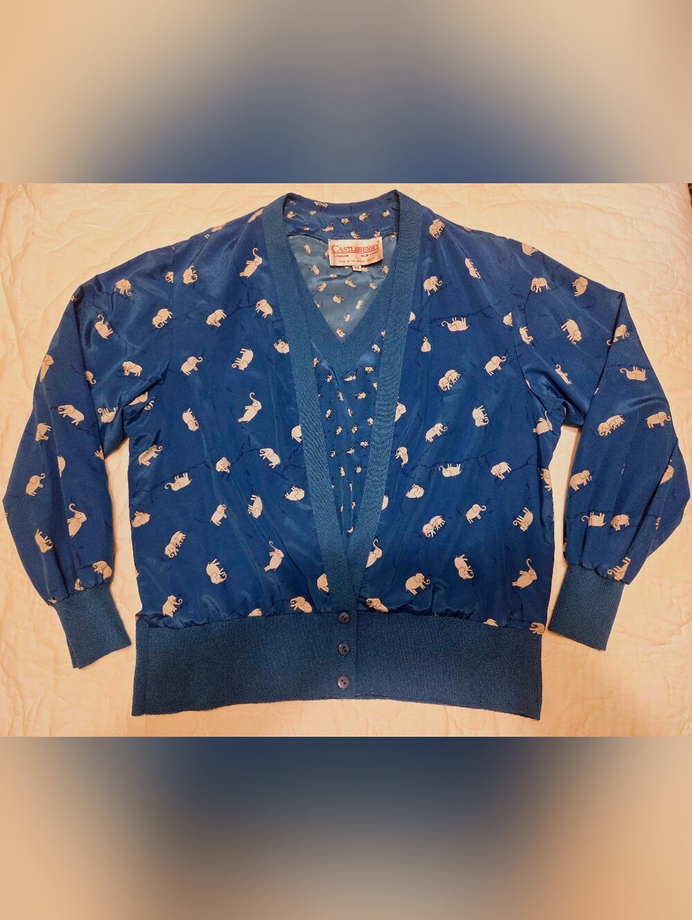 VTG 1970s/1980s Castleberry Blue Elephant Print 2-Piece Twinset Top & Cardigan L